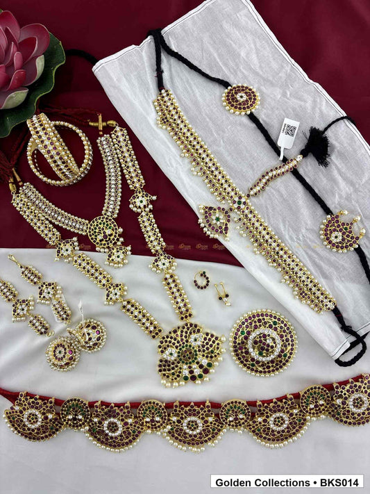 Real kemp Bharatanatyam dance jewellery set with rakodi, belt and bangles full set view