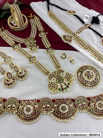 Real kemp Bharatanatyam dance jewellery set with rakodi, belt and bangles close view showing kemp stone work