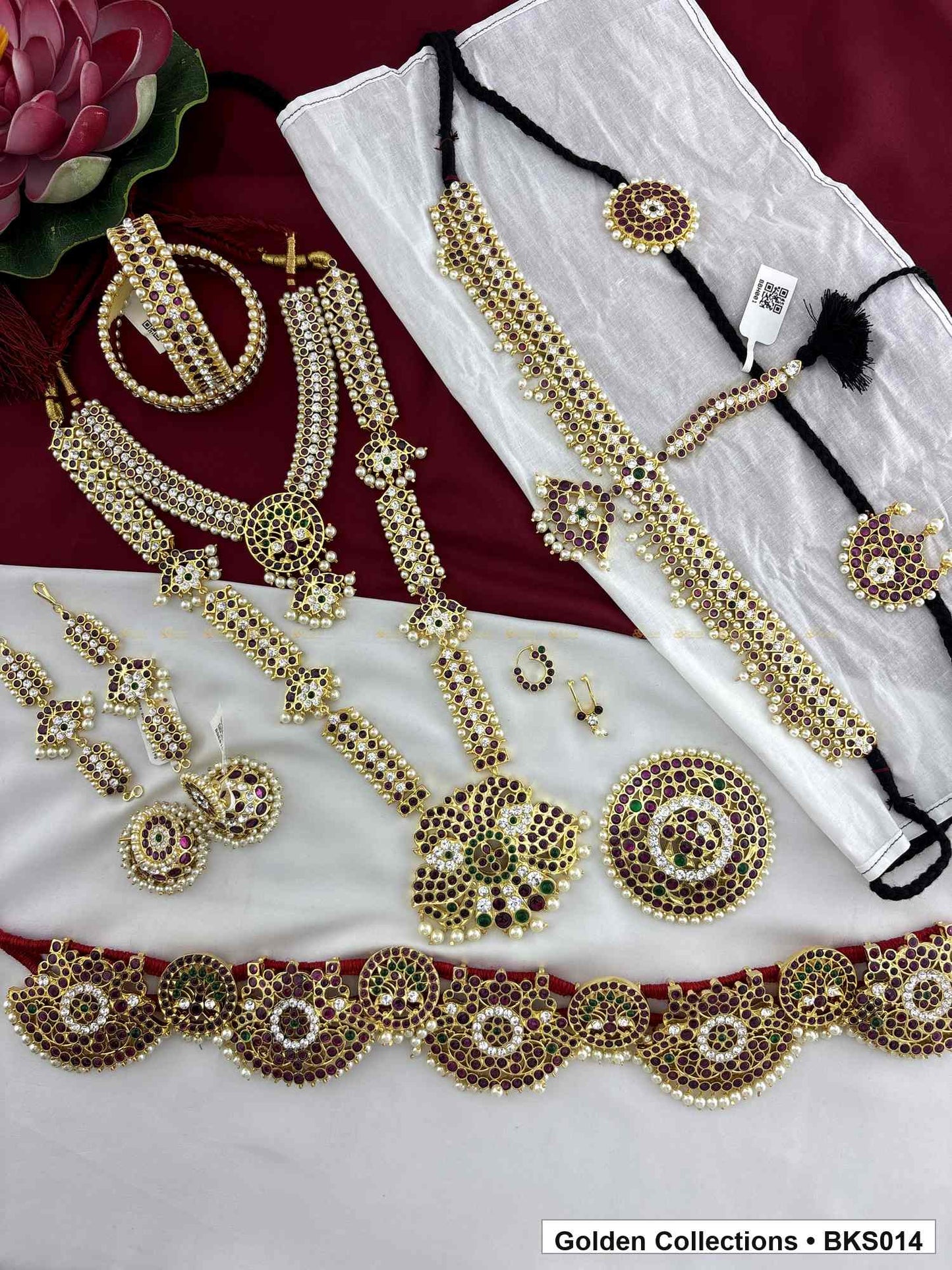 Real kemp Bharatanatyam dance jewellery set with rakodi, belt and bangles alternate view showing necklace layers and accessories