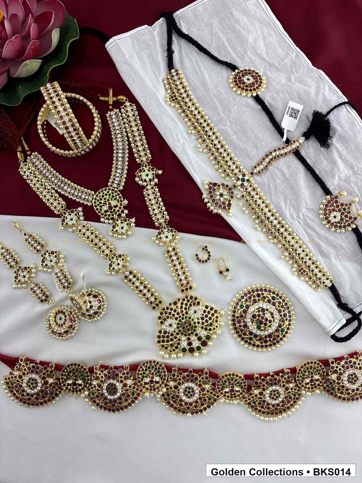 Real kemp Bharatanatyam dance jewellery set with rakodi, belt and bangles alternate view showing necklace layers and accessories