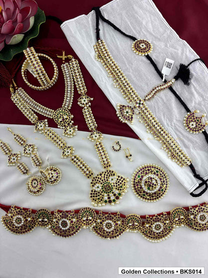 Real kemp Bharatanatyam dance jewellery set with rakodi, belt and bangles alternate view showing necklace layers and accessories