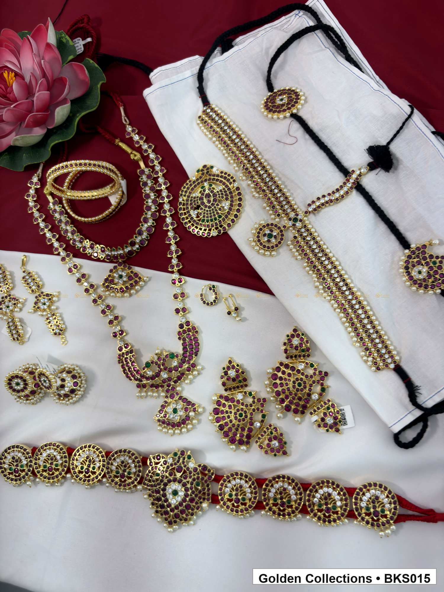 Ten-piece real kemp Bharatanatyam dance jewellery set with bajuband, rakodi and belt full set view