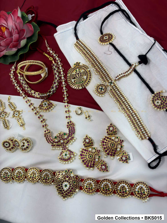 Ten-piece real kemp Bharatanatyam dance jewellery set with bajuband, rakodi and belt full set view