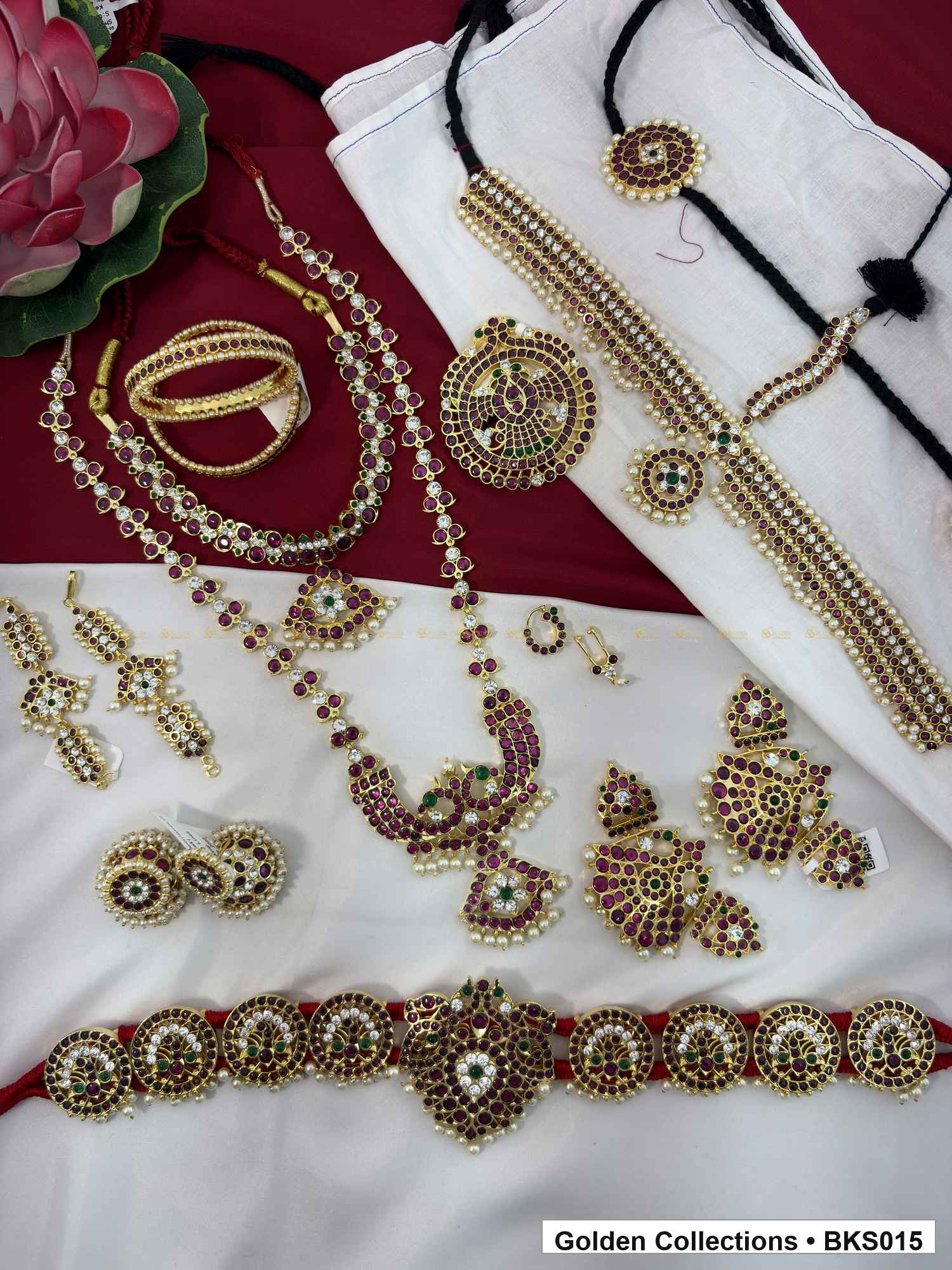 Ten-piece real kemp Bharatanatyam dance jewellery set with bajuband, rakodi and belt close view showing kemp stone work