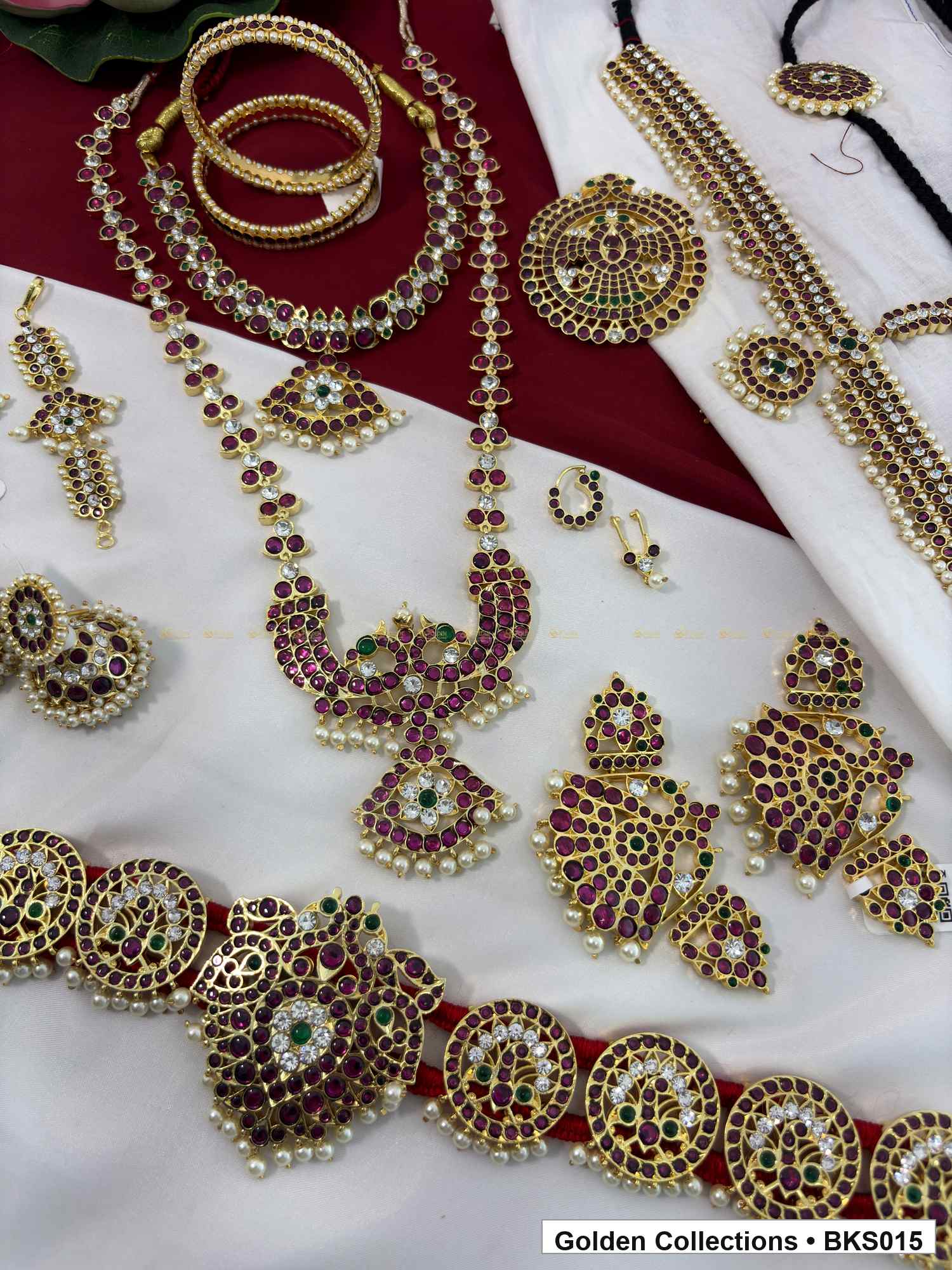 Ten-piece real kemp Bharatanatyam dance jewellery set with bajuband, rakodi and belt alternate view showing necklace layers and accessories