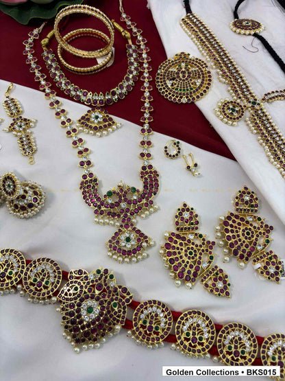 Ten-piece real kemp Bharatanatyam dance jewellery set with bajuband, rakodi and belt alternate view showing necklace layers and accessories
