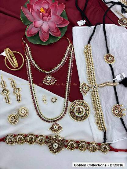 Nine-piece real kemp Bharatanatyam arangetram jewellery set with belt and rakodi full set view