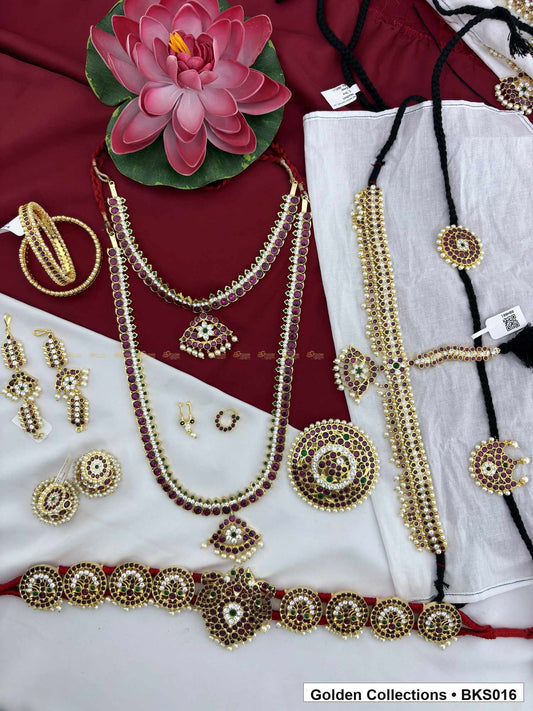 Nine-piece real kemp Bharatanatyam arangetram jewellery set with belt and rakodi full set view