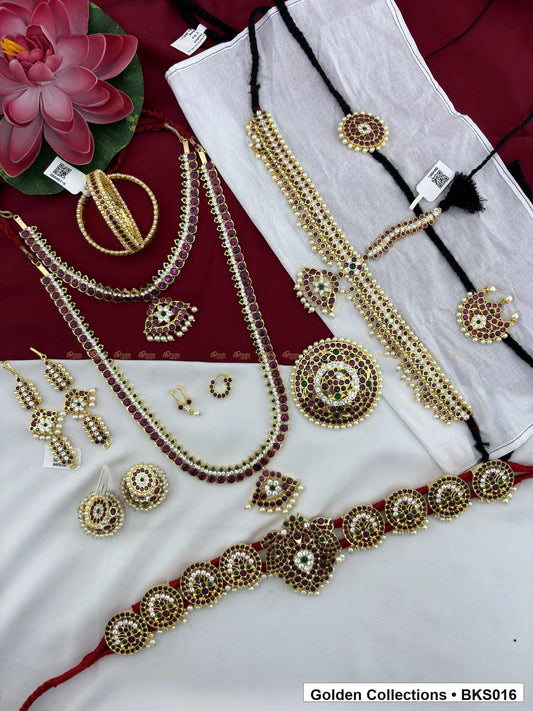 Nine-piece real kemp Bharatanatyam arangetram jewellery set with belt and rakodi close view showing kemp stone work