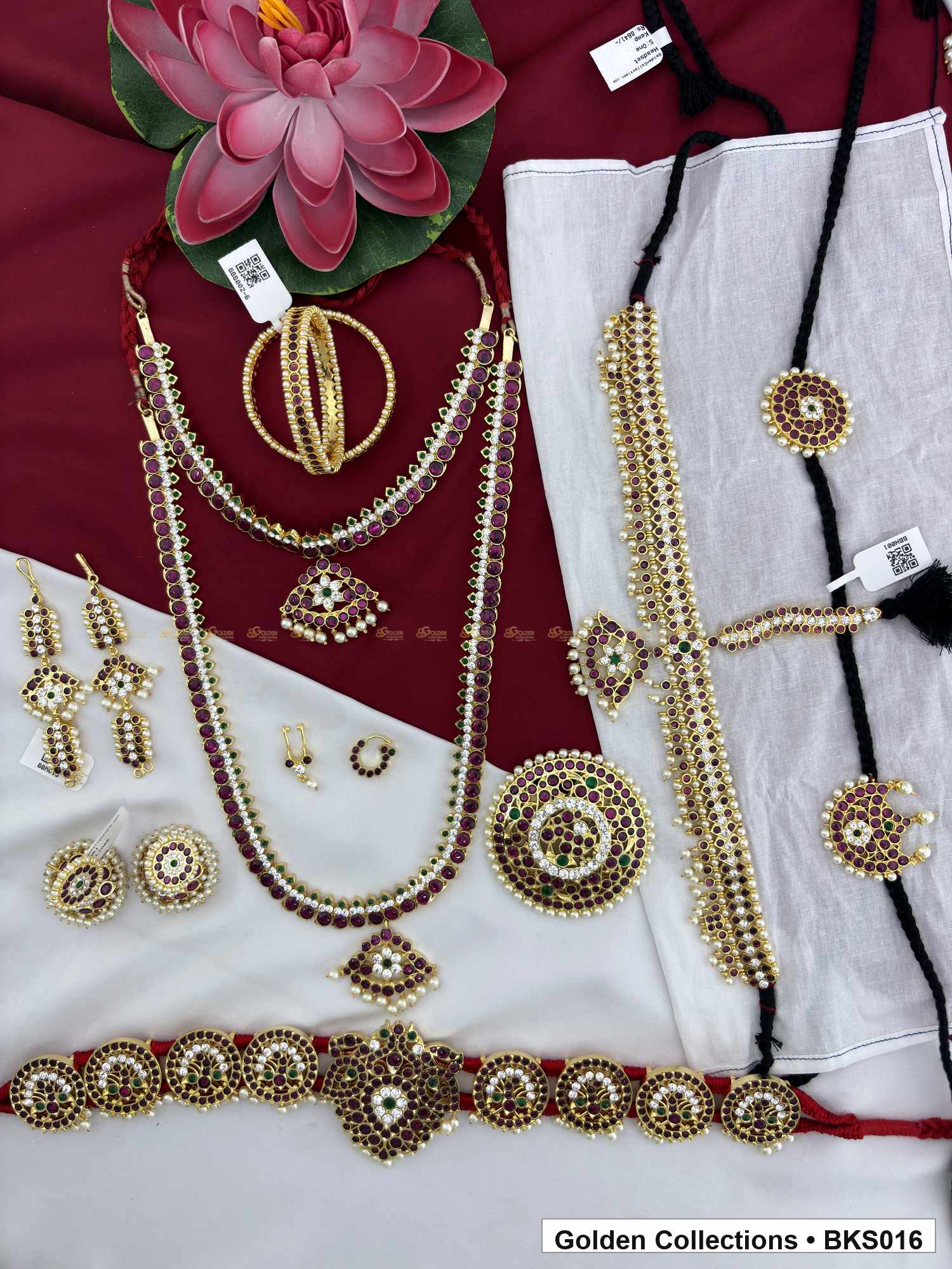 Nine-piece real kemp Bharatanatyam arangetram jewellery set with belt and rakodi alternate view showing necklace layers and accessories