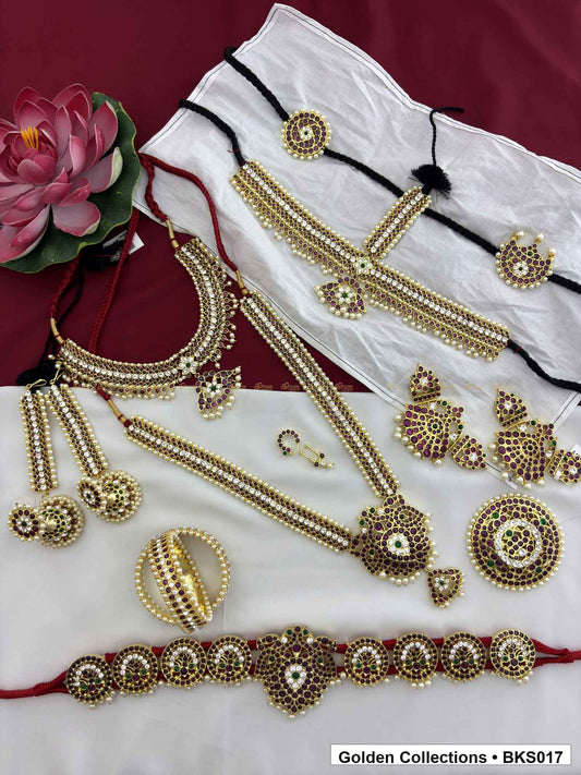 Ten-piece real kemp Bharatanatyam arangetram jewellery set with bajuband and belt full set view