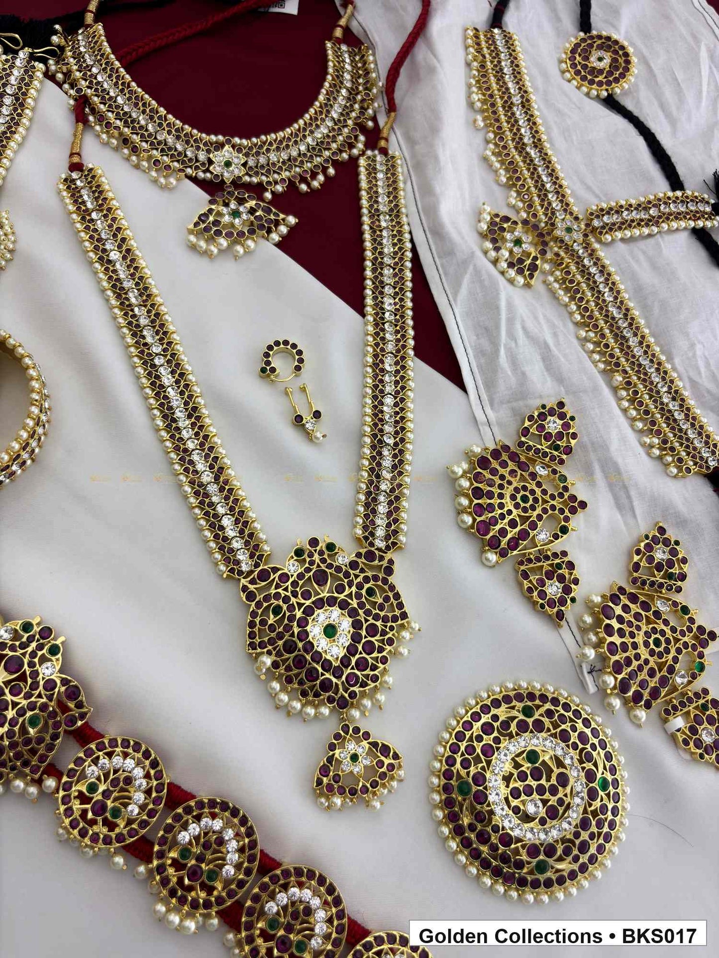 Ten-piece real kemp Bharatanatyam arangetram jewellery set with bajuband and belt close view showing kemp stone work