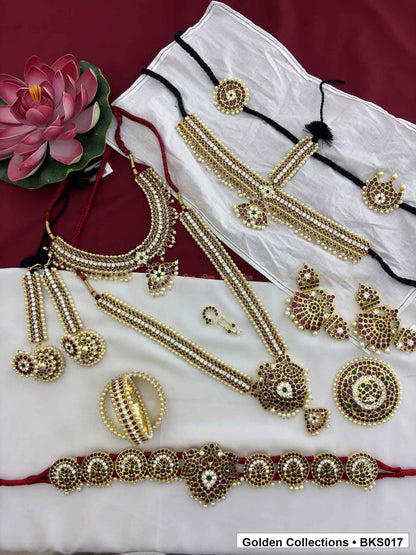 Ten-piece real kemp Bharatanatyam arangetram jewellery set with bajuband and belt alternate view showing necklace layers and accessories