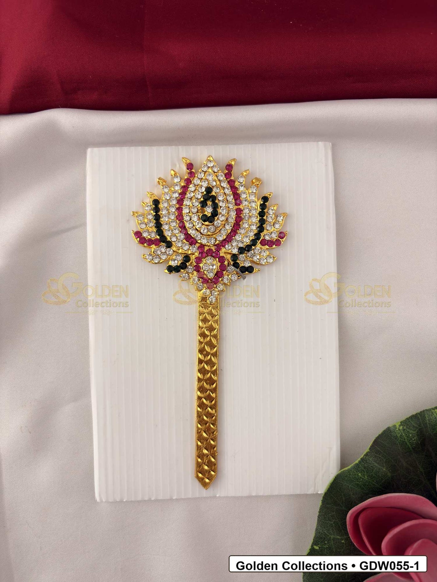 Front view of Gold-Plated Deity Lotus for Goddess Alankaram showing gold-plated lotus-shaped deity hand accessory for goddess alankaram