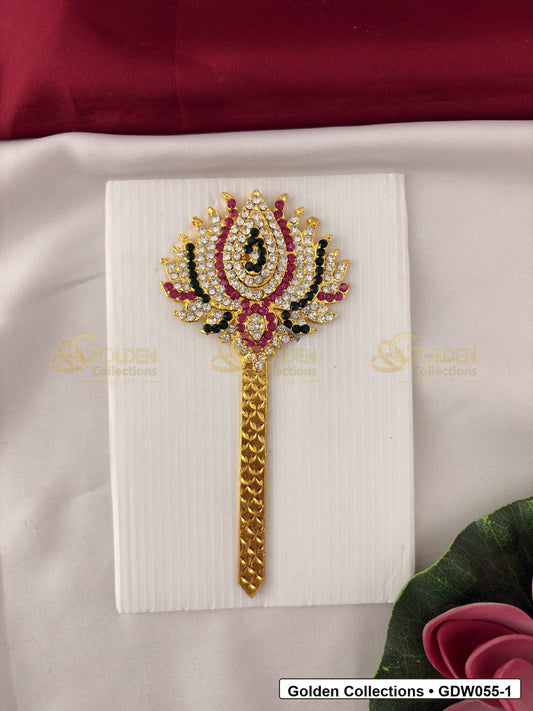 Front view of Gold-Plated Deity Lotus for Goddess Alankaram showing gold-plated lotus-shaped deity hand accessory for goddess alankaram