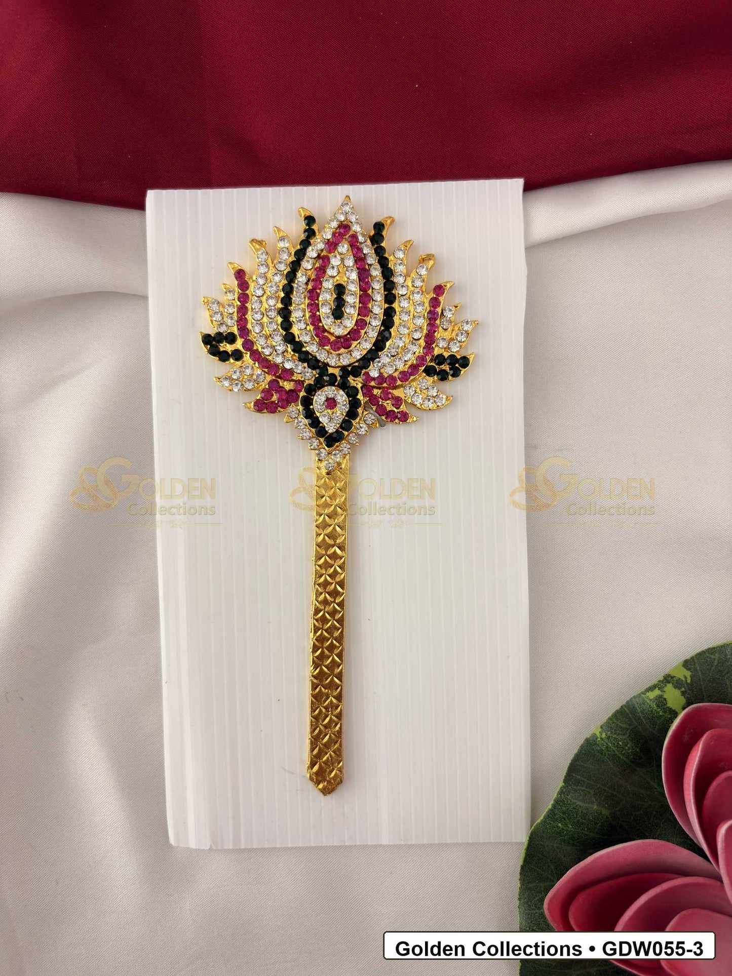 Front view of Gold-Plated Deity Lotus for Goddess Alankaram showing gold-plated lotus-shaped deity hand accessory for goddess alankaram