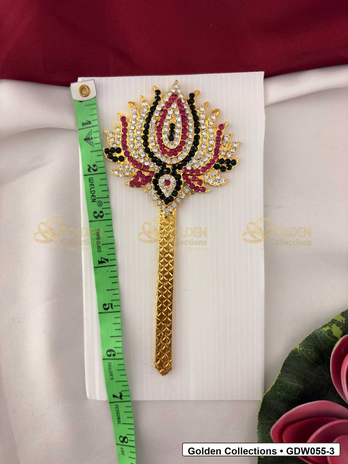 Measurement and scale view of Gold-Plated Deity Lotus for Goddess Alankaram for fit checking