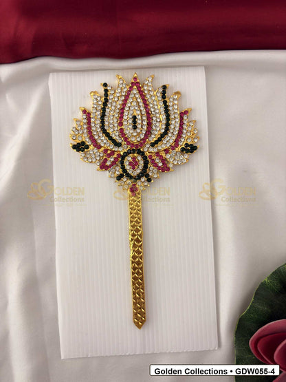 Front view of Gold-Plated Deity Lotus for Goddess Alankaram showing gold-plated lotus-shaped deity hand accessory for goddess alankaram