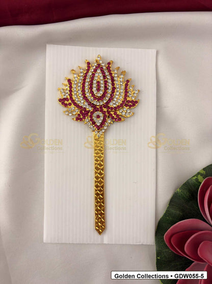 Front view of Gold-Plated Deity Lotus for Goddess Alankaram showing gold-plated lotus-shaped deity hand accessory for goddess alankaram