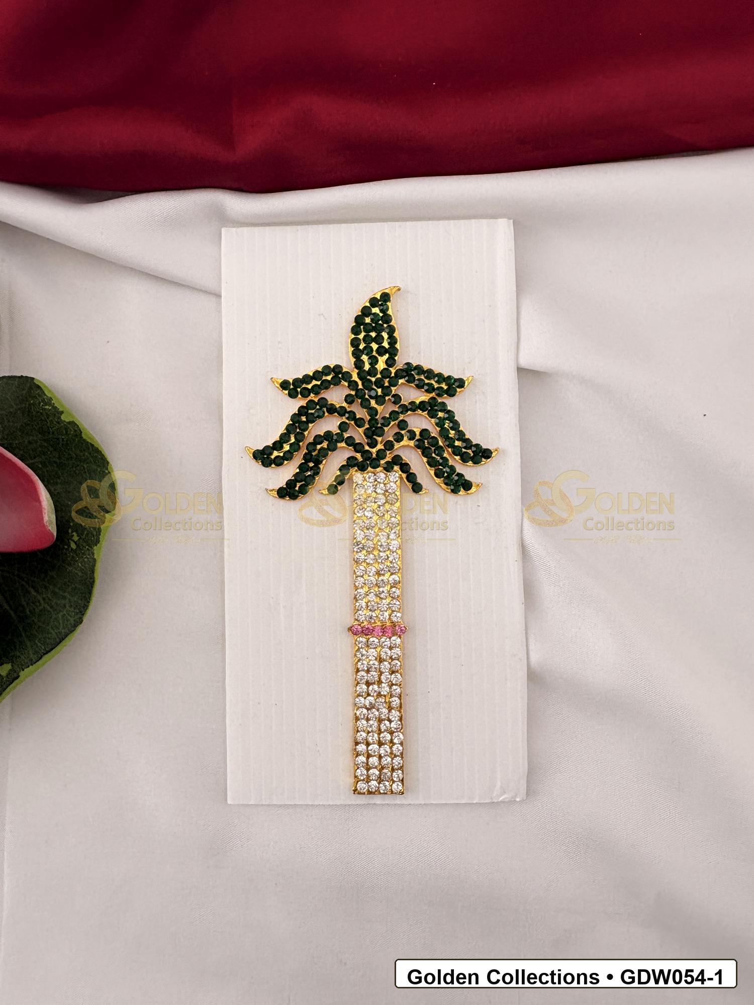 Front view of Gold-Plated Deity Sugarcane for Goddess Alankaram showing gold-plated sugarcane-shaped goddess decoration accessory