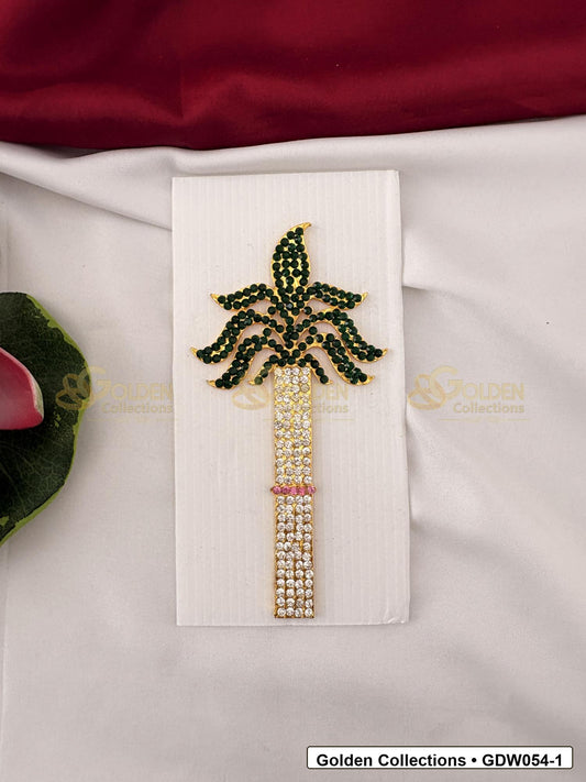 Front view of Gold-Plated Deity Sugarcane for Goddess Alankaram showing gold-plated sugarcane-shaped goddess decoration accessory