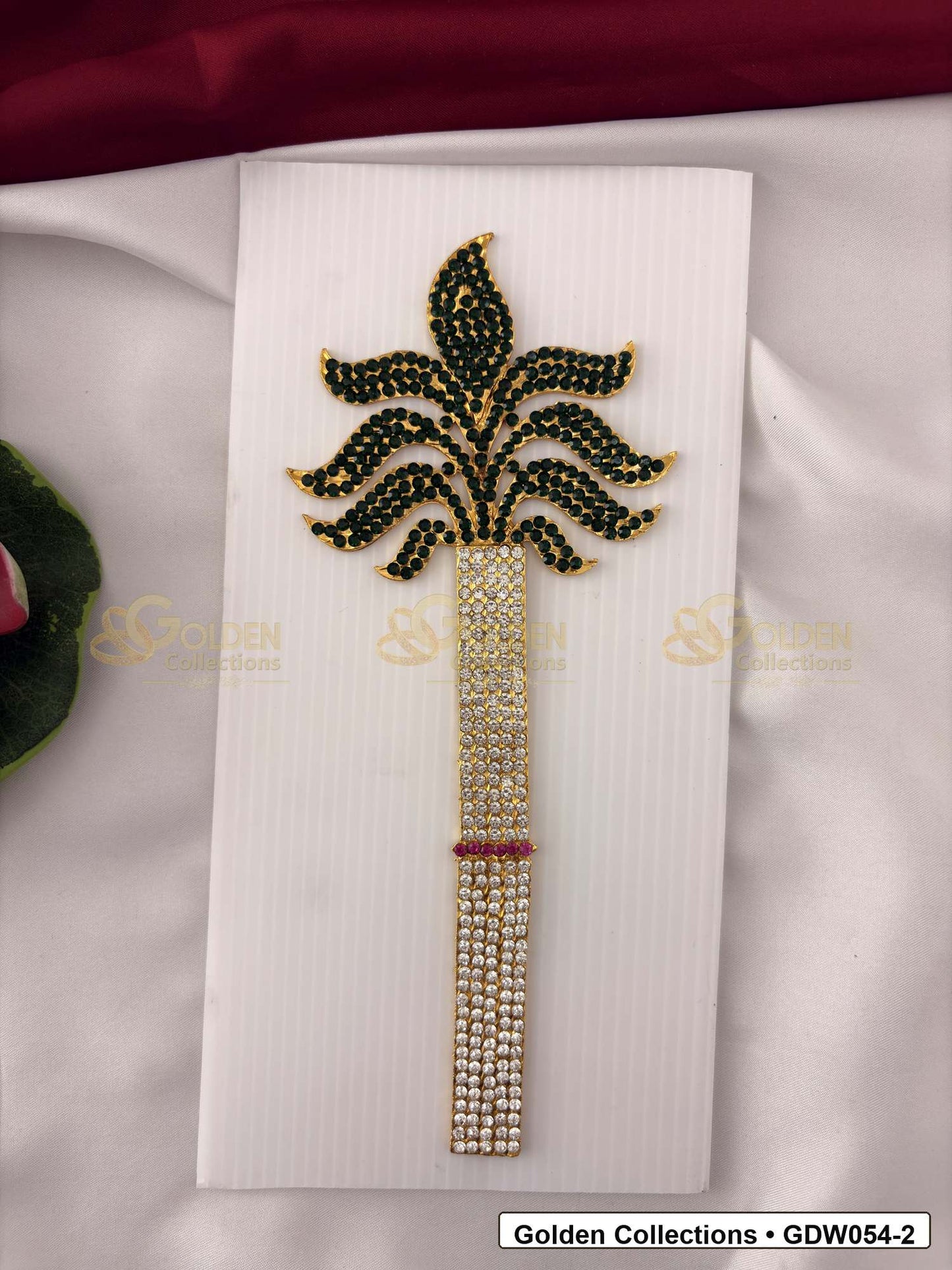 Front view of Gold-Plated Deity Sugarcane for Goddess Alankaram showing gold-plated sugarcane-shaped goddess decoration accessory