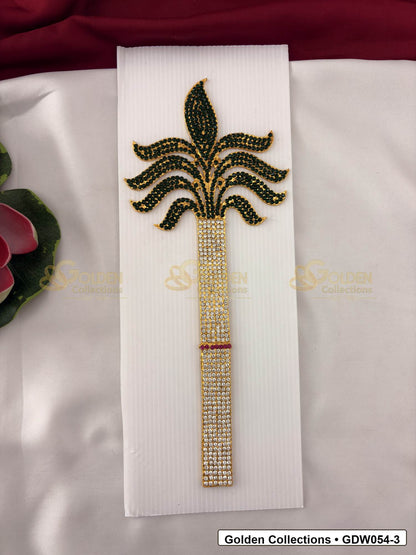 Front view of Gold-Plated Deity Sugarcane for Goddess Alankaram showing gold-plated sugarcane-shaped goddess decoration accessory