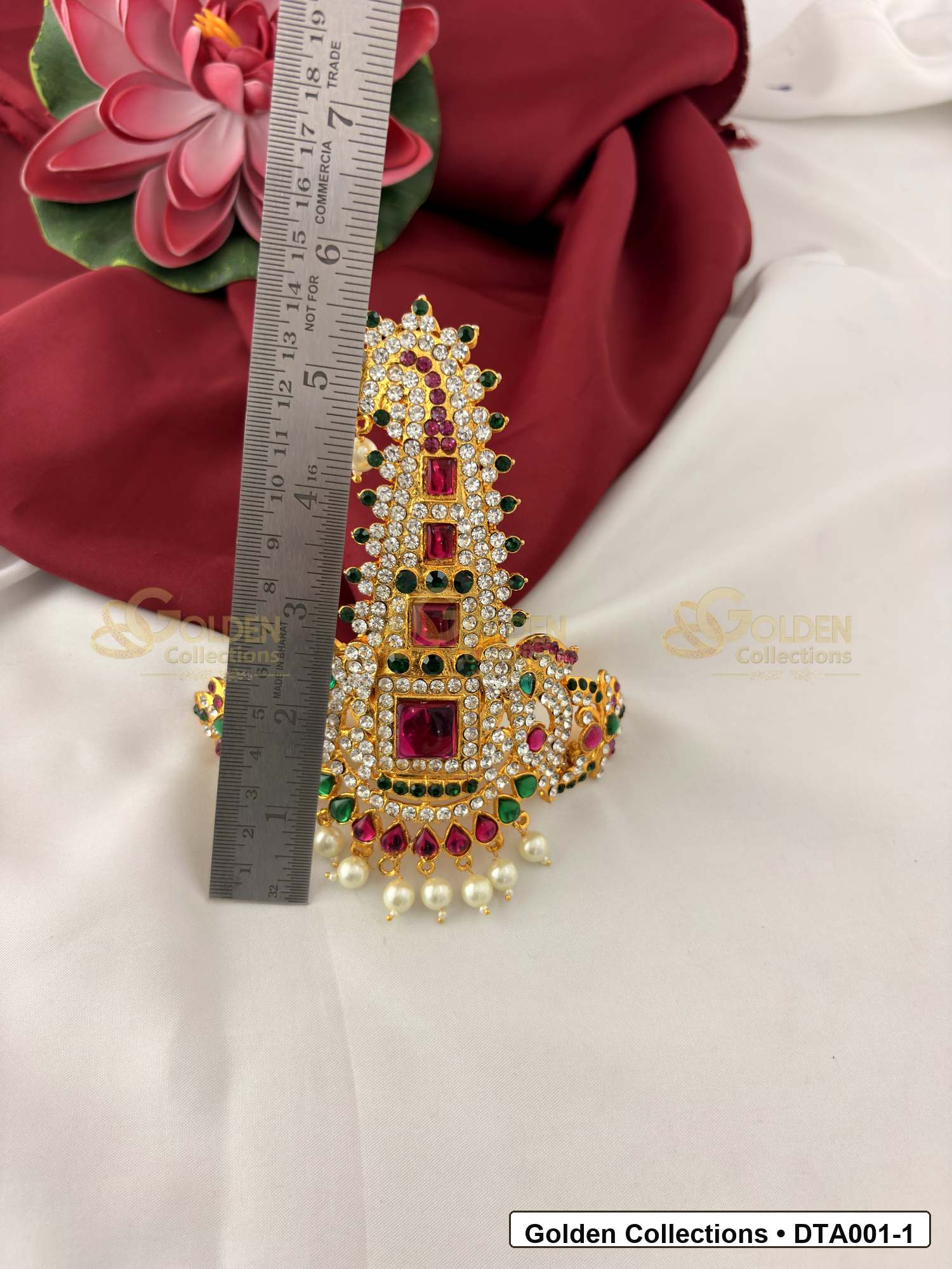 Measurement photo showing 5 Inches gold-plated deity taira for idol alankaram for deity idol alankaram