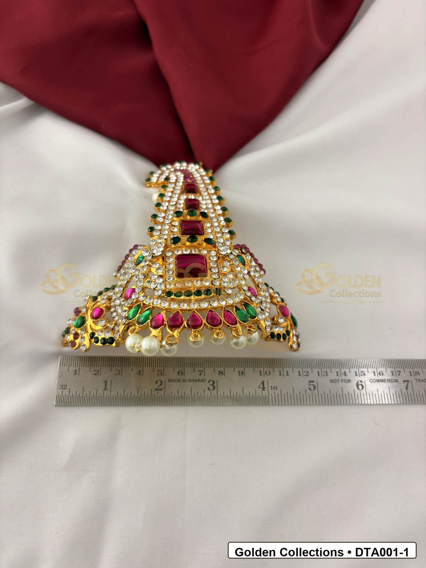 Detail photo of gold-plated deity taira for idol alankaram showing stone work for deity idol alankaram