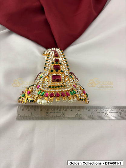 Detail photo of gold-plated deity taira for idol alankaram showing stone work for deity idol alankaram