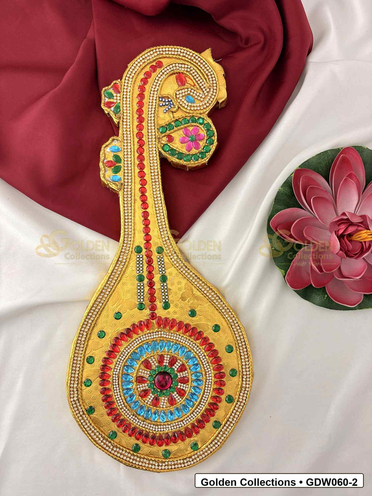 Gold-Plated Saraswati Veena for Idol Alankaram front view showing 17 x7 Inches variant for deity idol alankaram