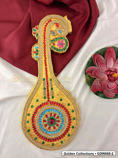 Gold-Plated Saraswati Veena for Idol Alankaram front view showing 17 x7 Inches variant for deity idol alankaram