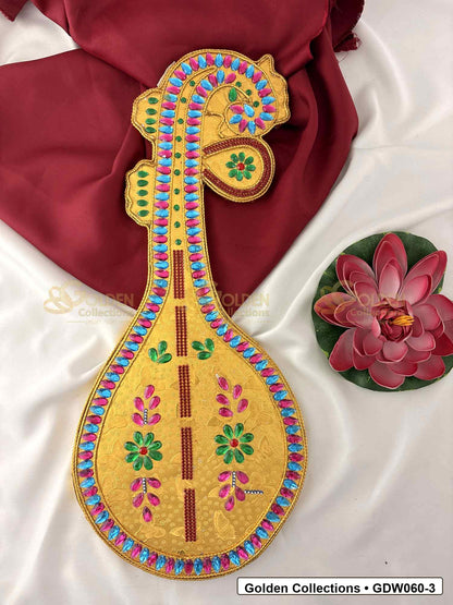 Gold-Plated Saraswati Veena for Idol Alankaram front view showing 21 x 9 Inches variant for deity idol alankaram