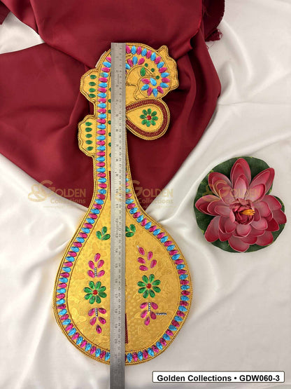 Measurement photo showing 21 x 9 Inches gold-plated saraswati veena for idol alankaram for deity idol alankaram