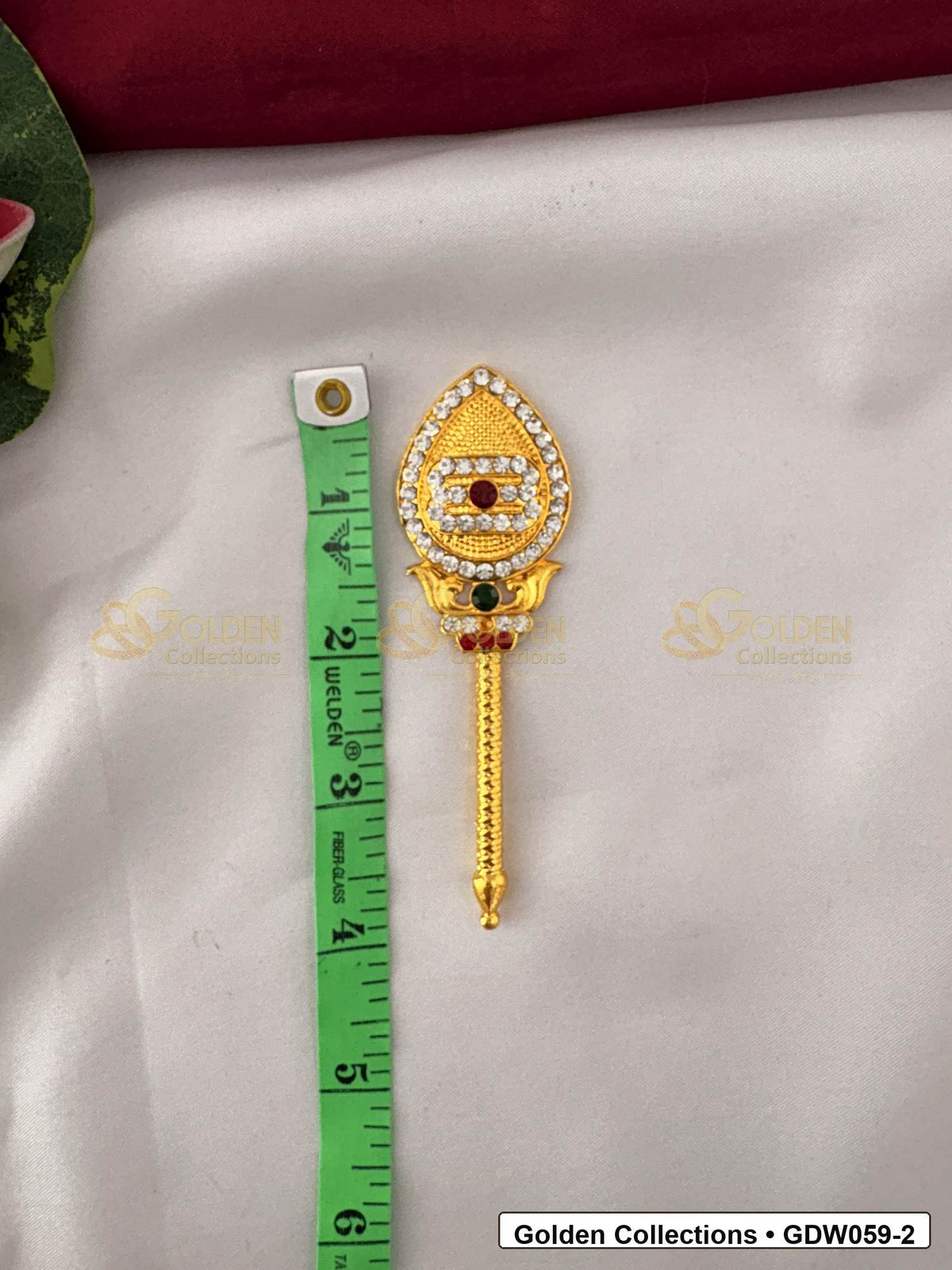 Measurement photo showing 4 Inches gold-plated vel for subramanya swamy idol alankaram for deity idol alankaram