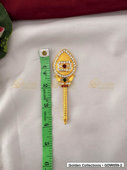 Measurement photo showing 4 Inches gold-plated vel for subramanya swamy idol alankaram for deity idol alankaram