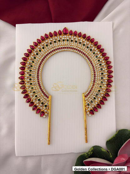 Front view of Gold Tone Deity Arch for Idol Alankaram showing gold-plated arch shape with red, green and white stone accents