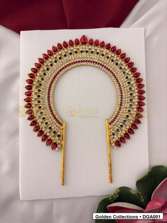Front view of Gold Tone Deity Arch for Idol Alankaram showing gold-plated arch shape with red, green and white stone accents
