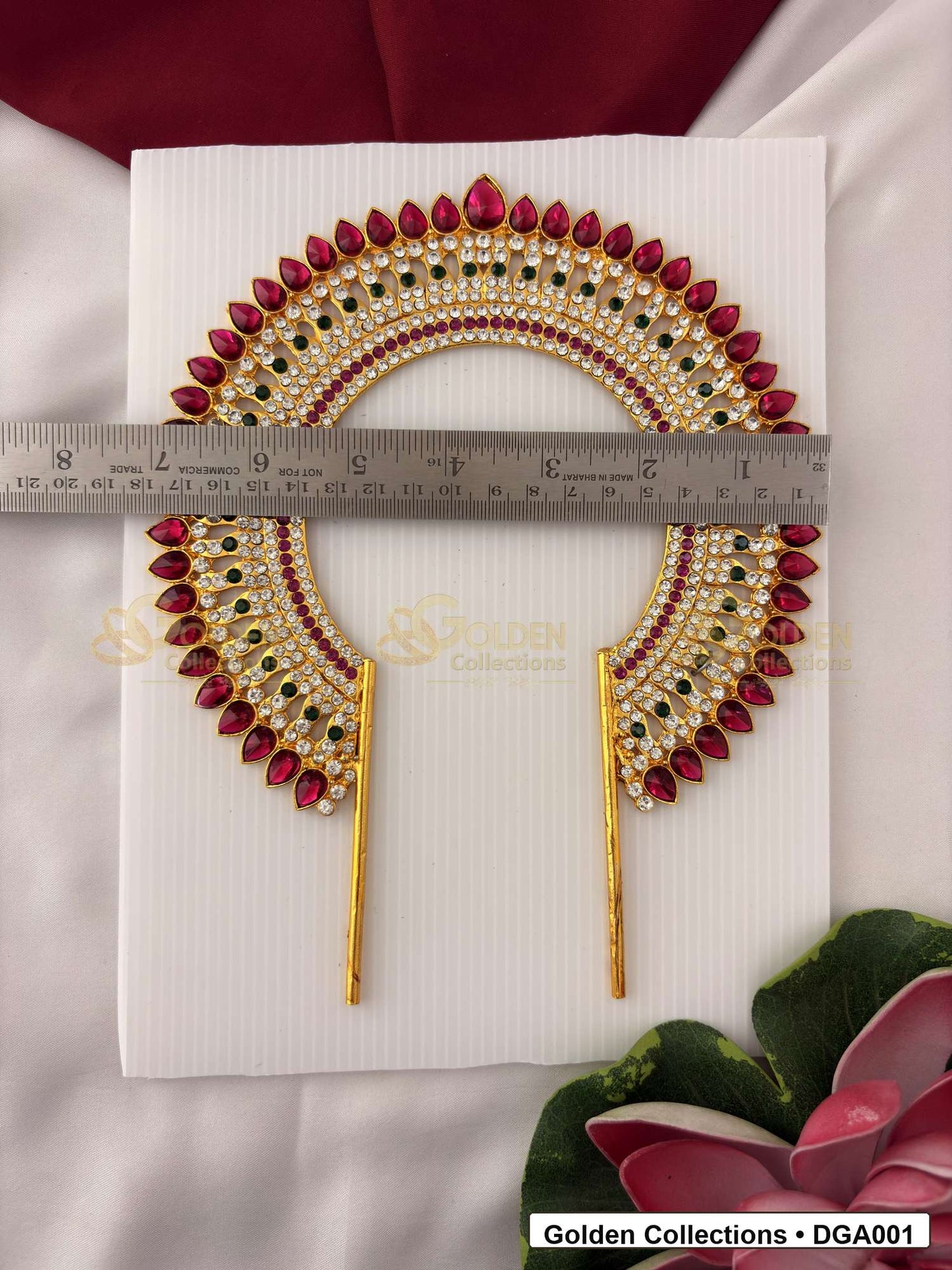 Back or measurement view of Gold Tone Deity Arch for Idol Alankaram for crown and idol framing reference