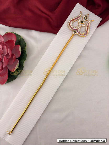 Gold-Tone Trishul for Idol Alankaram front view showing slender gold-tone trishul accessory with clear stone border, small green accent and pearl-style tip detail for idol alankaram