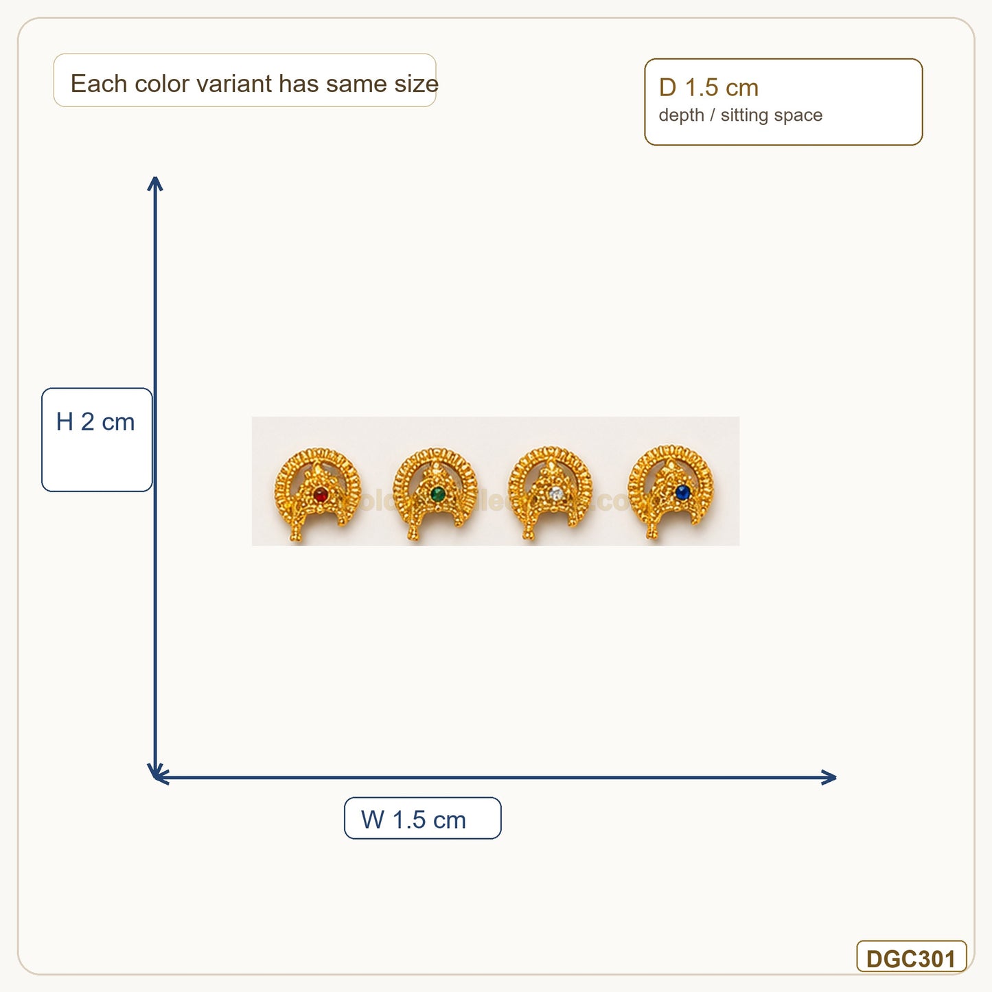 Mini Crescent Gold Plated Crowns for Small Idols measurement guide showing 2 x 1.5 x 1.5 cm Height x Width x Depth