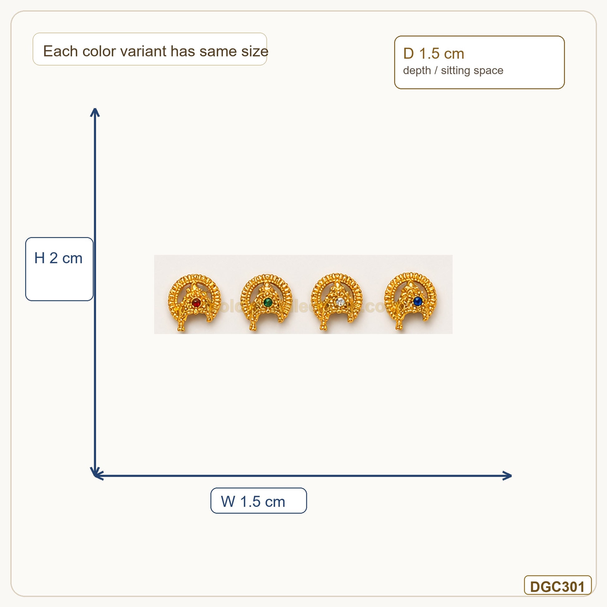 Mini Crescent Gold Plated Crowns for Small Idols measurement guide showing 2 x 1.5 x 1.5 cm Height x Width x Depth
