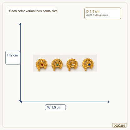 Mini Crescent Gold Plated Crowns for Small Idols measurement guide showing 2 x 1.5 x 1.5 cm Height x Width x Depth