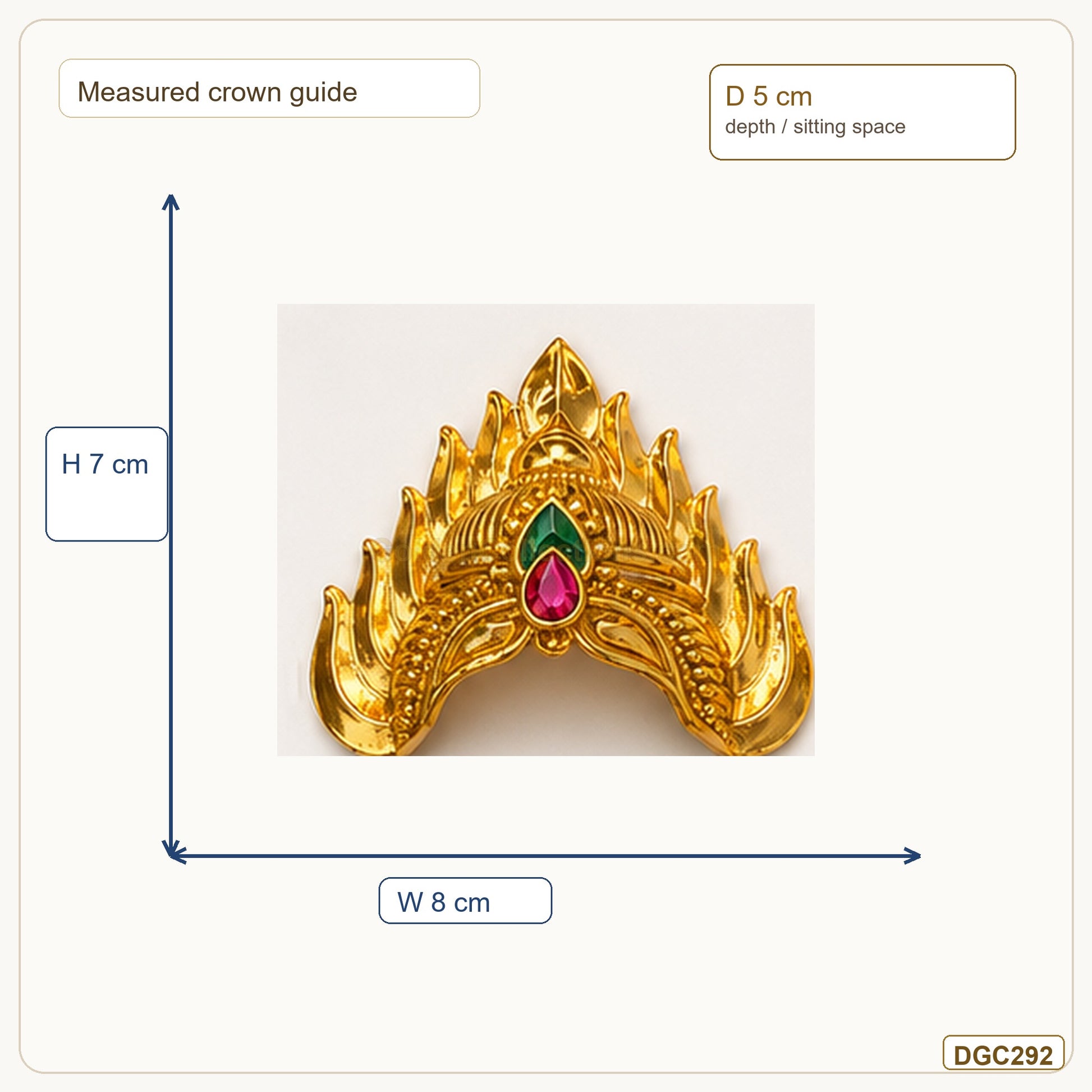 Small Deity Large Jwala Gold Plated Crown with Pink Green Stones measurement guide showing 7 x 8 x 5 cm Height x Width x Depth