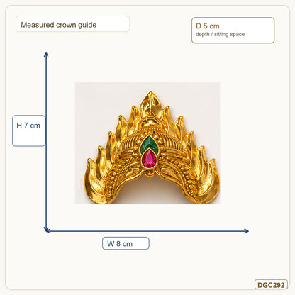 Small Deity Large Jwala Gold Plated Crown with Pink Green Stones measurement guide showing 7 x 8 x 5 cm Height x Width x Depth