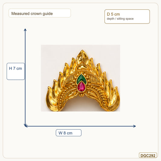 Small Deity Large Jwala Gold Plated Crown with Pink Green Stones measurement guide showing 7 x 8 x 5 cm Height x Width x Depth