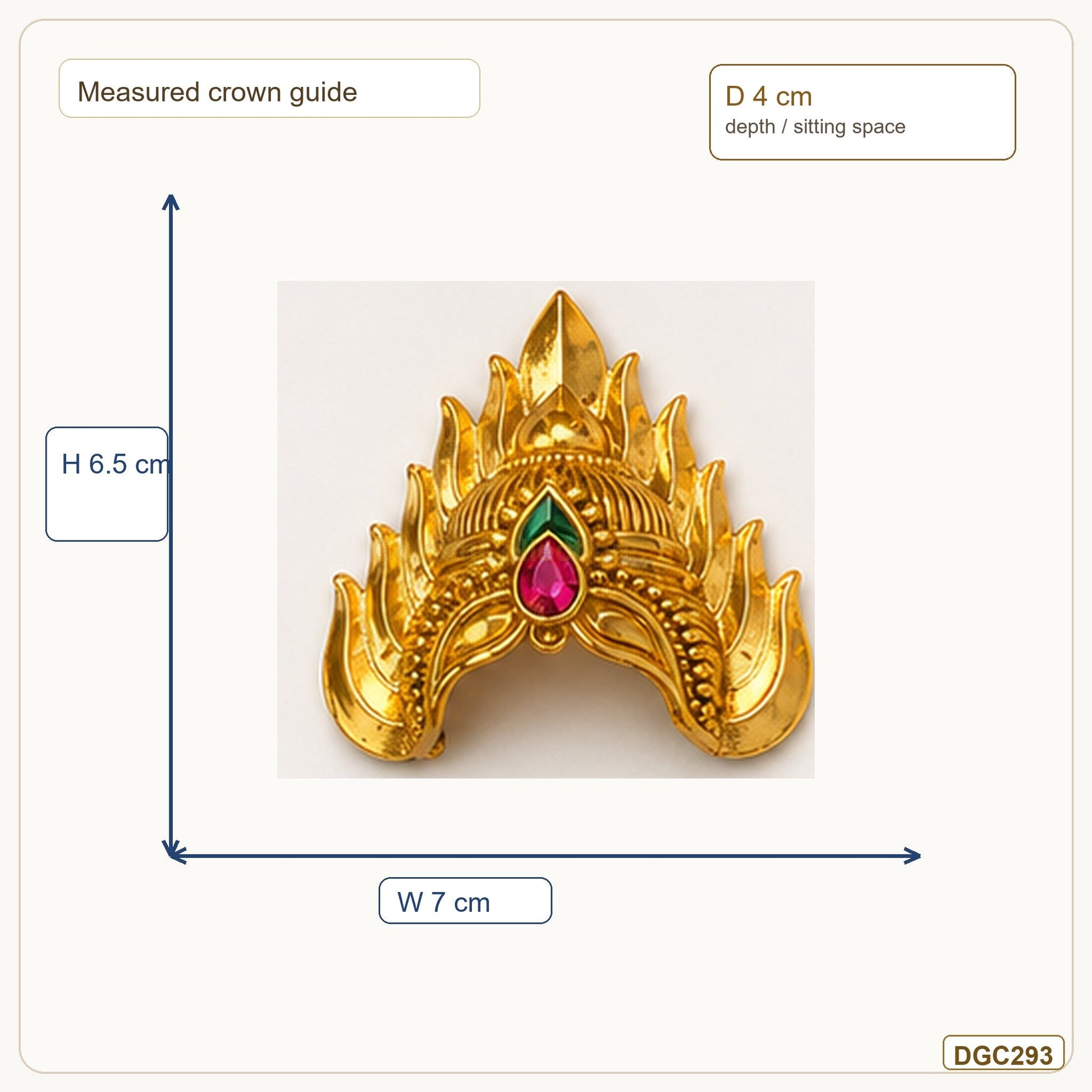 Small Deity Medium Jwala Gold Plated Crown with Pink Green Stones measurement guide showing 6.5 x 7 x 4 cm Height x Width x Depth