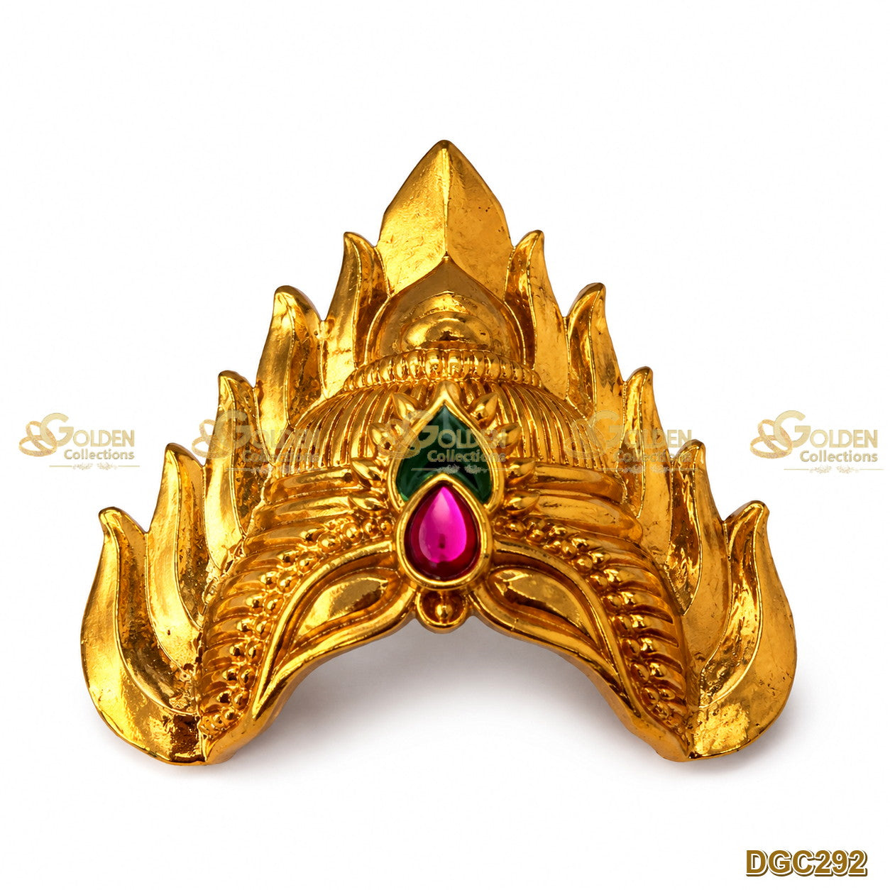 Small Deity Jwala gold plated crown with pink and green stones premium product image DGC292