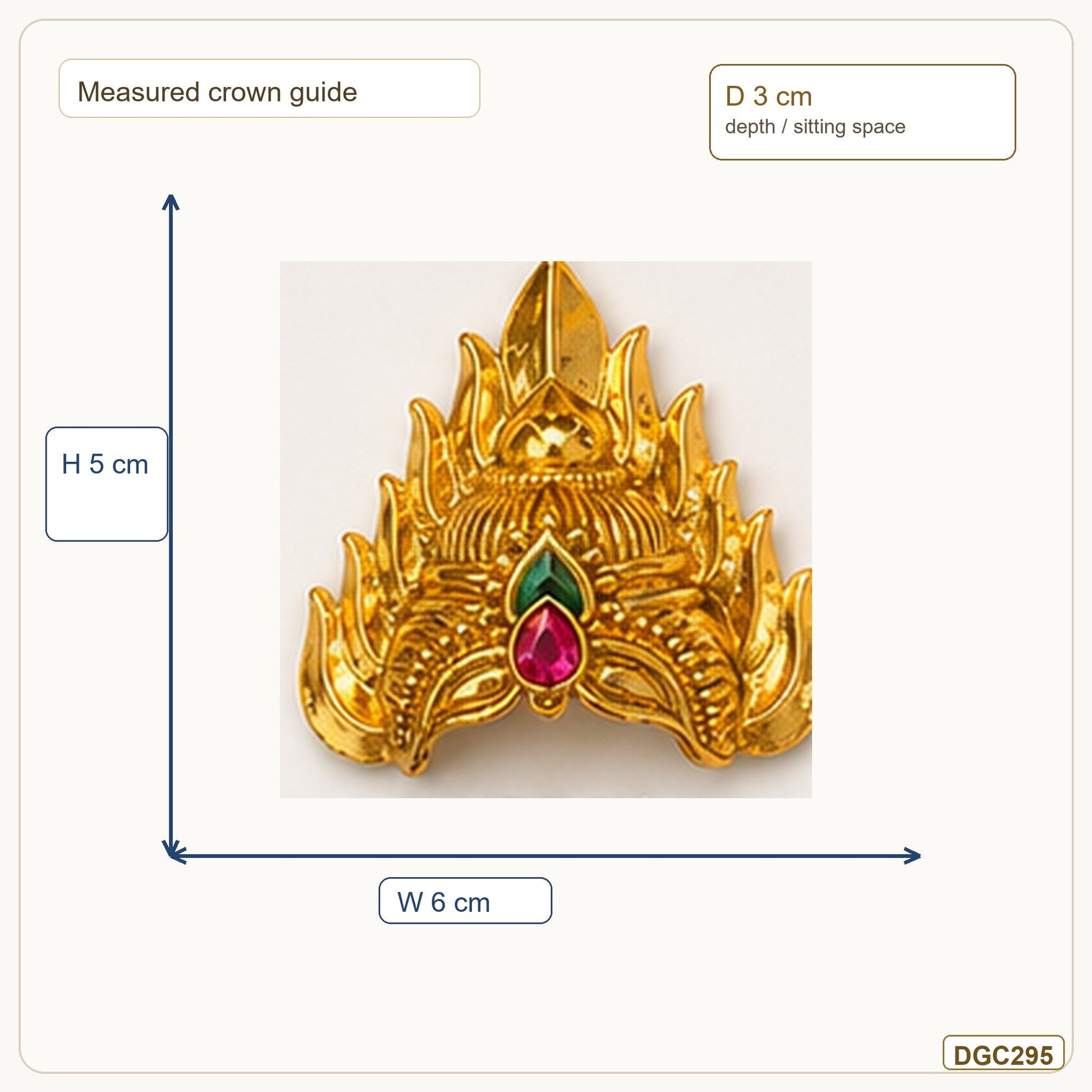 Small Deity Small Jwala Gold Plated Crown with Pink Green Stones measurement guide showing 5 x 6 x 3 cm Height x Width x Depth