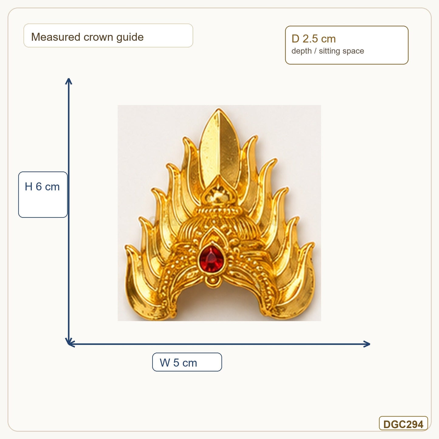 Small Deity Tall Jwala Gold Plated Crown with Red Stone measurement guide showing 6 x 5 x 2.5 cm Height x Width x Depth